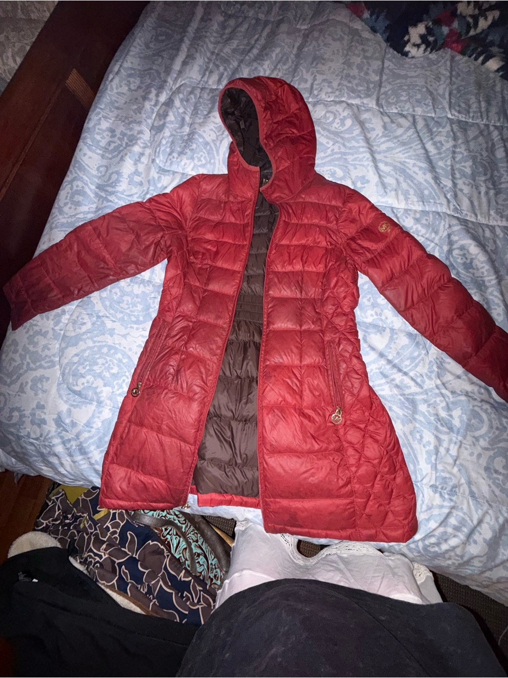 Michael Kors Red Quilted Hooded Puffer Coat
